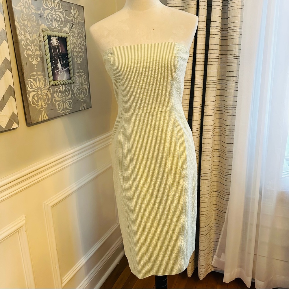 J. Crew Strapless Ivory & Green Seersucker Dress w Pockets Kentucky Derby